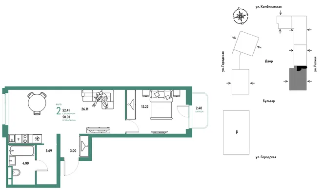 Планировка 2-комн. квартира, 52.41 м² ЖК «Уральский сад» Планировка 2-комн. квартира, 52.41 м² ЖК «Уральский сад»