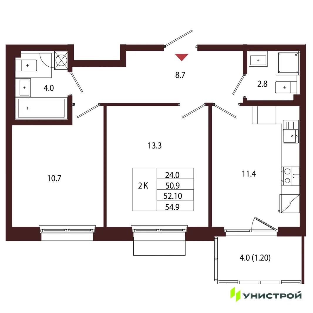Планировка 2-комн. квартира, 52.1 м² ЖК «Лисино»
