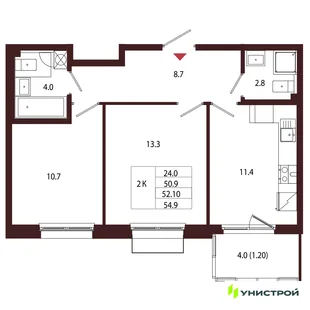 Планировка 2-комн. квартира, 52.1 м² ЖК «Лисино»