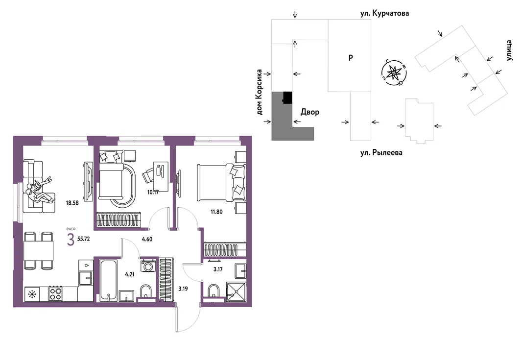 Планировка 3-комн. квартира, 55.72 м² ЖК «Остров-сад»