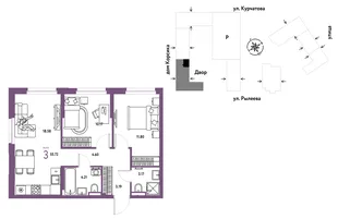 Планировка 3-комн. квартира, 55.72 м² ЖК «Остров-сад»