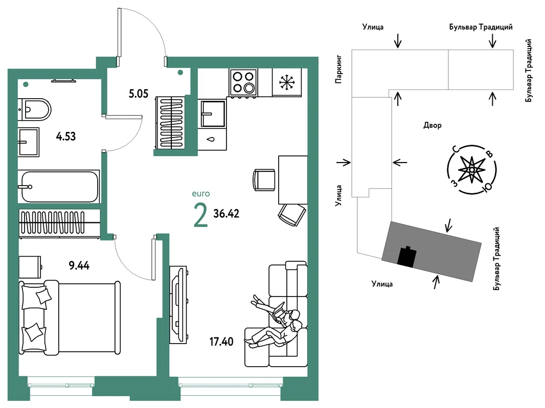 Планировка 2-комн. квартира, 36.42 м² ЖК «Микрорайон Домашний»