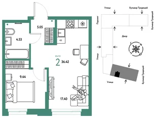Планировка 2-комн. квартира, 36.42 м² ЖК «Микрорайон Домашний»