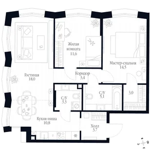 Квартира 3-комн. квартира, 73.4 м² ЖК «Фордевинд» Фото 1 Квартира 3-комн. квартира, 73.4 м² ЖК «Фордевинд» Фото 1