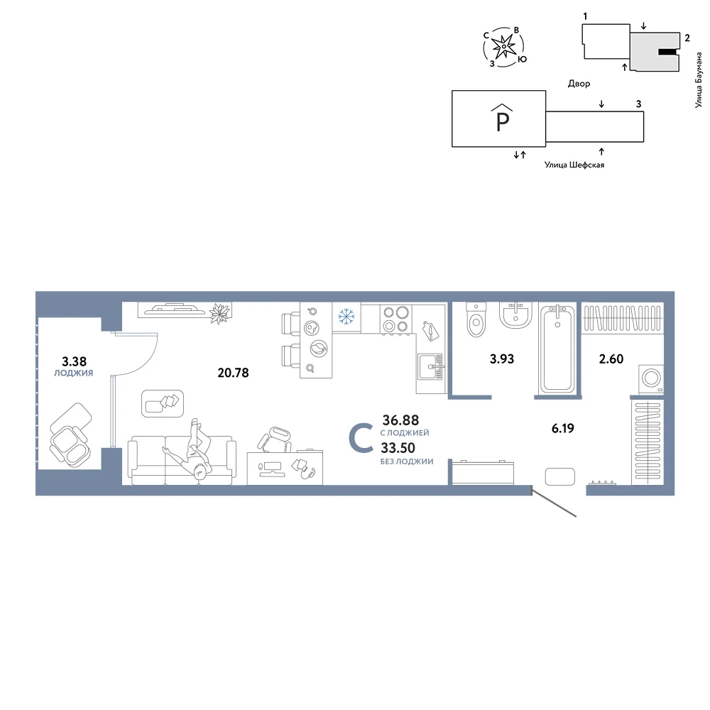 Планировка Студия, 36.88 м² ЖК «Страна.Энтузиастов»