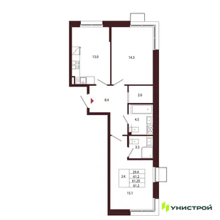 Планировка 2-комн. квартира, 61.2 м² ЖК «Лисино»