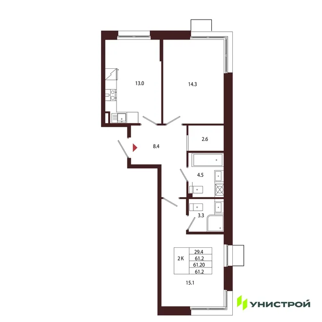Планировка 2-комн. квартира, 61.2 м² ЖК «Лисино» Планировка 2-комн. квартира, 61.2 м² ЖК «Лисино»