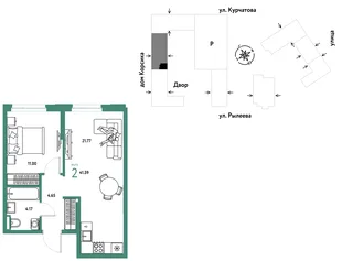 Планировка 2-комн. квартира, 41.59 м² ЖК «Остров-сад»