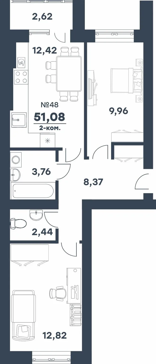 Планировка 2-комн. квартира, 51.08 м² ЖК «мкр. Долина»