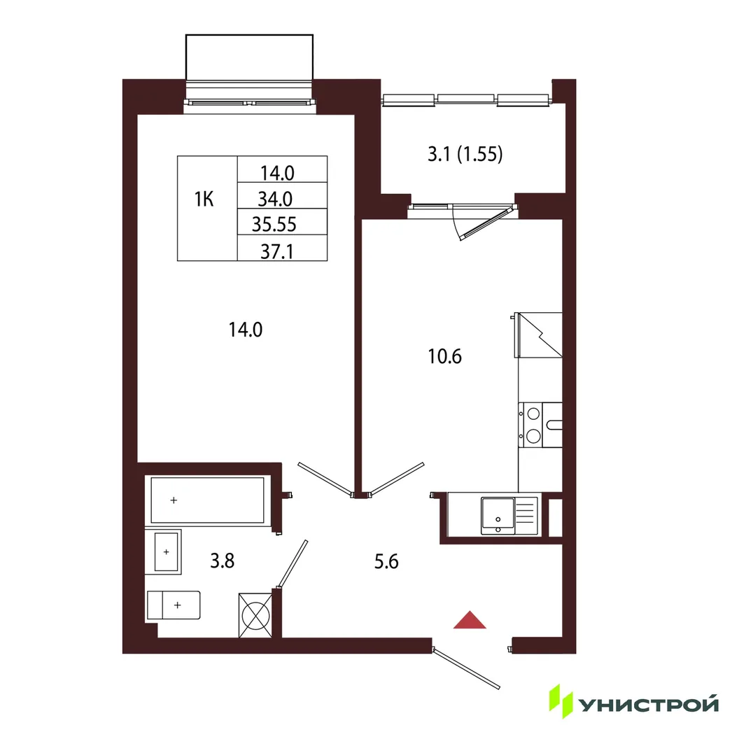 Планировка 1-комн. квартира, 35.55 м² ЖК «Лисино»