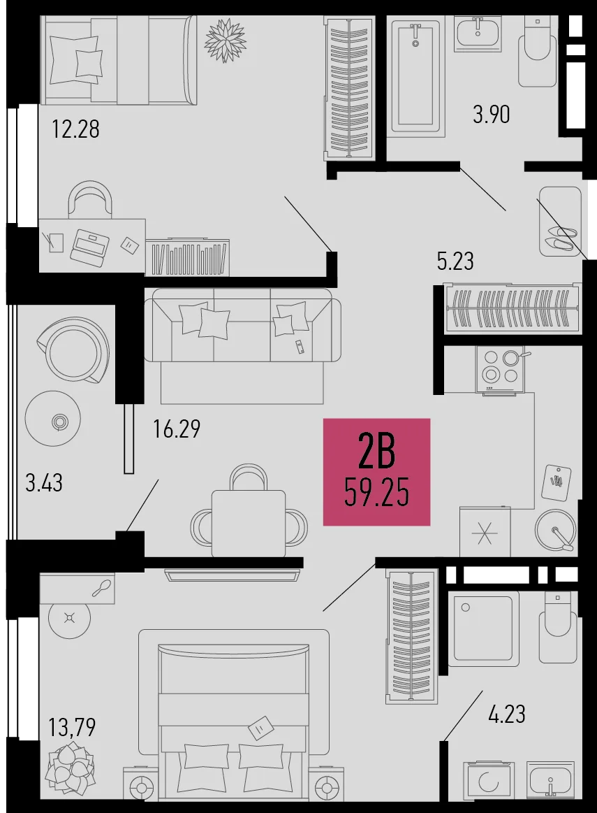 Планировка 2-комн. квартира, 59.25 м² ЖК «Столицыно»