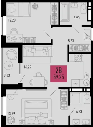 Планировка 2-комн. квартира, 59.25 м² ЖК «Столицыно»