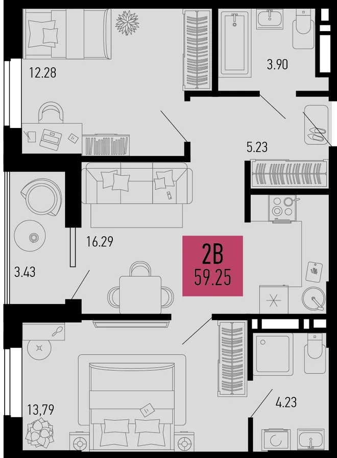 Планировка 2-комн. квартира, 59.25 м² ЖК «Столицыно» Планировка 2-комн. квартира, 59.25 м² ЖК «Столицыно»