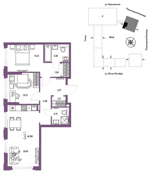 Планировка 3-комн. квартира, 62.88 м² ЖК «Сердце Сибири»