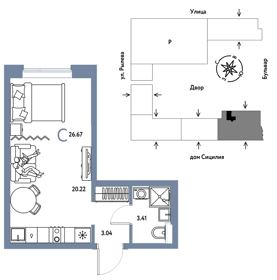 Планировка Студия, 26.67 м² ЖК «Остров-сад»