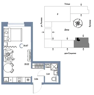 Планировка Студия, 26.67 м² ЖК «Остров-сад»