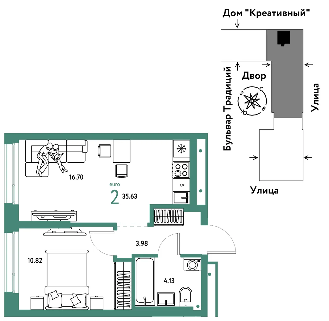 Планировка 2-комн. квартира, 35.63 м² ЖК «Микрорайон Домашний»