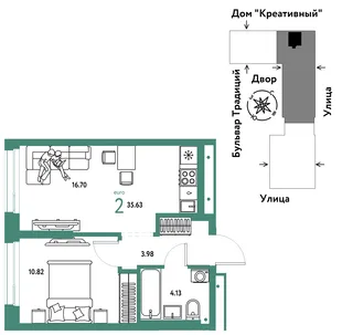Планировка 2-комн. квартира, 35.63 м² ЖК «Микрорайон Домашний»