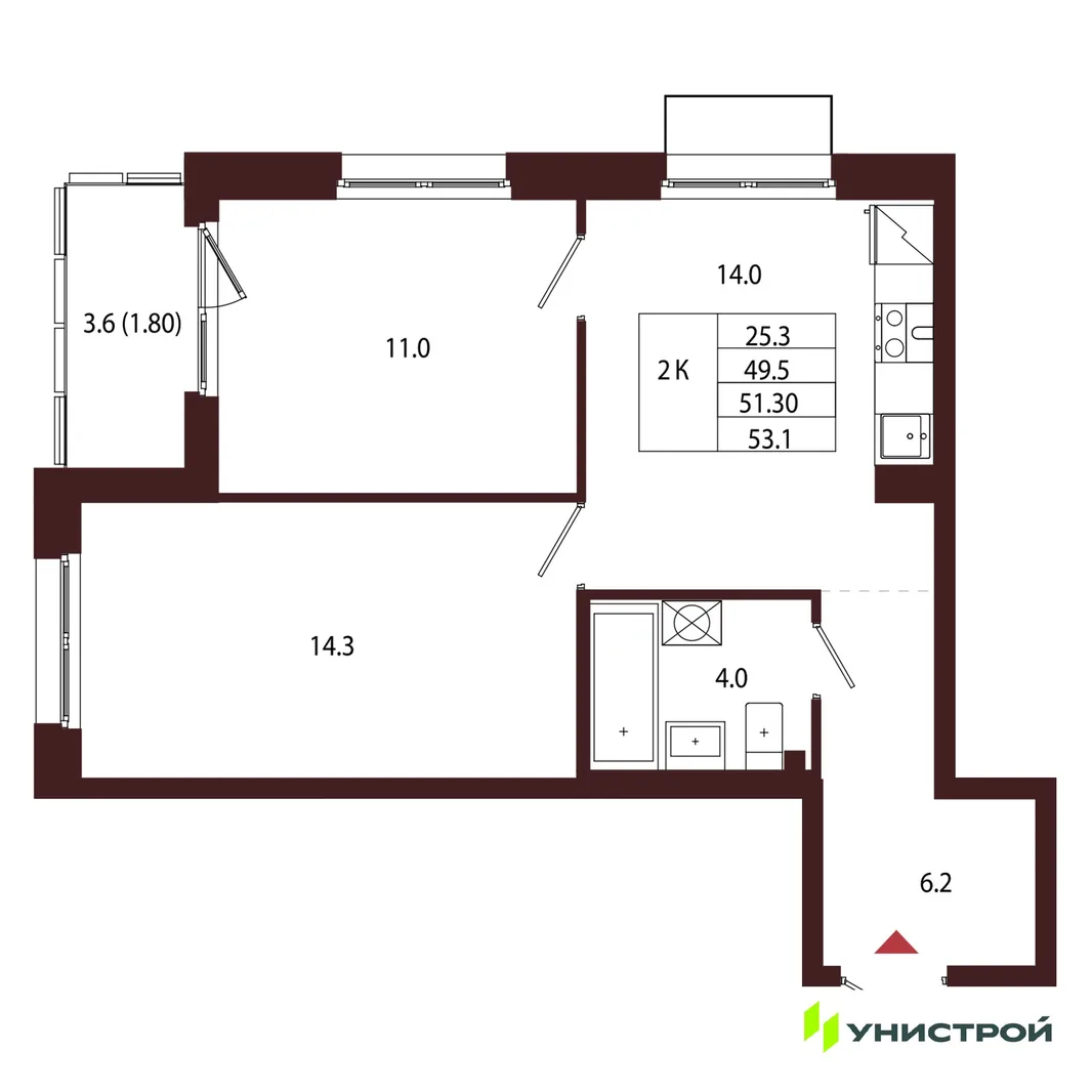 Планировка 2-комн. квартира, 51.3 м² ЖК «Лисино»