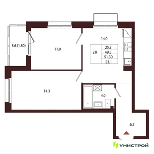 Планировка 2-комн. квартира, 51.3 м² ЖК «Лисино»
