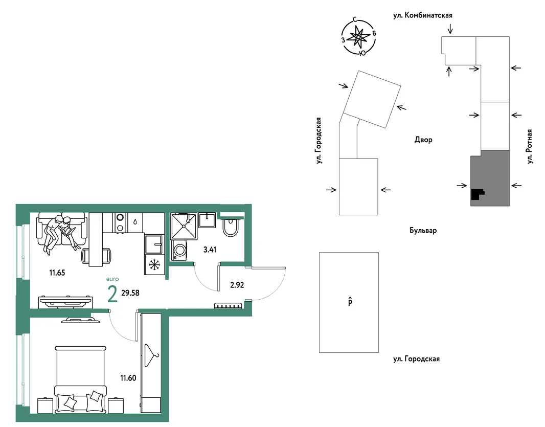 Планировка 2-комн. квартира, 29.58 м² ЖК «Уральский сад»