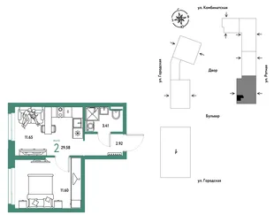Планировка 2-комн. квартира, 29.58 м² ЖК «Уральский сад»