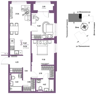 Планировка 3-комн. квартира, 72.87 м² ЖК «Страна Прибрежная»
