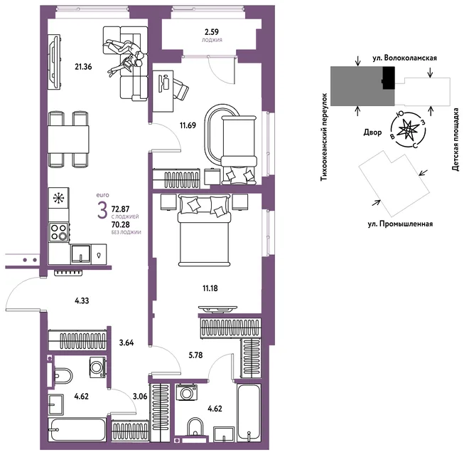 Планировка 3-комн. квартира, 72.87 м² ЖК «Страна Прибрежная» Планировка 3-комн. квартира, 72.87 м² ЖК «Страна Прибрежная»