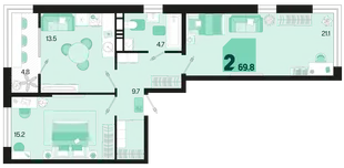 Планировка 2-комн. квартира, 69 м² ЖК «Первое место»