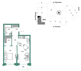 Планировка 2-комн. квартира, 48.23 м² ЖК «Остров-сад»