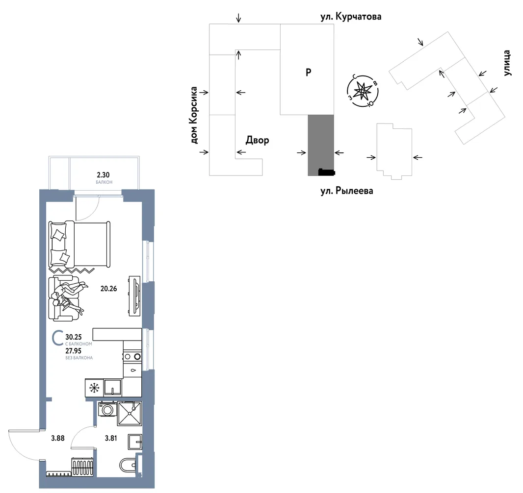 Планировка Студия, 30.23 м² ЖК «Остров-сад»