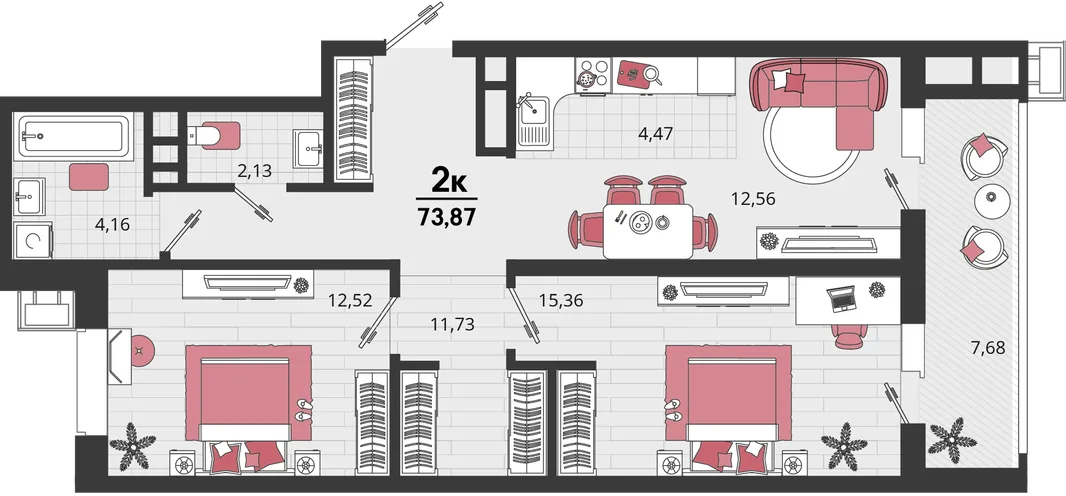 Планировка 3-комн. квартира, 73.87 м² ЖК «Родные просторы»