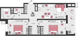 Планировка 3-комн. квартира, 73.87 м² ЖК «Родные просторы»