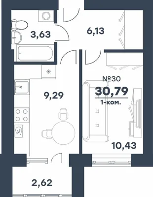 Планировка 1-комн. квартира, 30.79 м² ЖК «мкр. Долина»