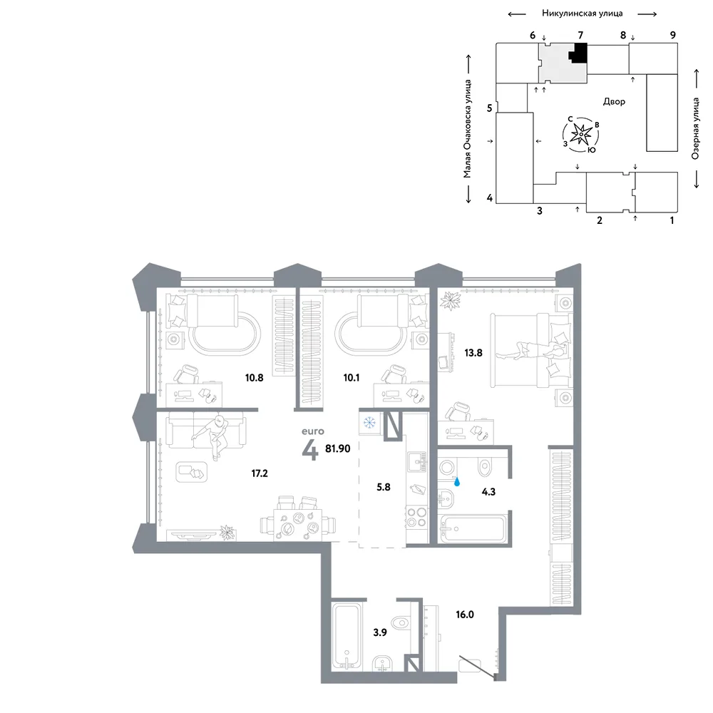 Планировка 4-комн. квартира, 81.9 м² ЖК «Страна.Озёрная»