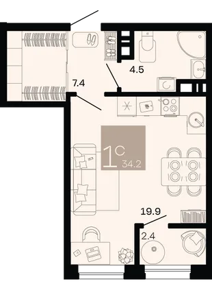 Планировка Студия, 34.2 м² ЖК «Хозяин морей»