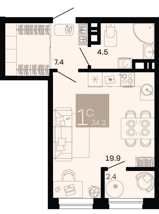 Планировка Студия, 34.2 м² ЖК «Хозяин морей» Планировка Студия, 34.2 м² ЖК «Хозяин морей»