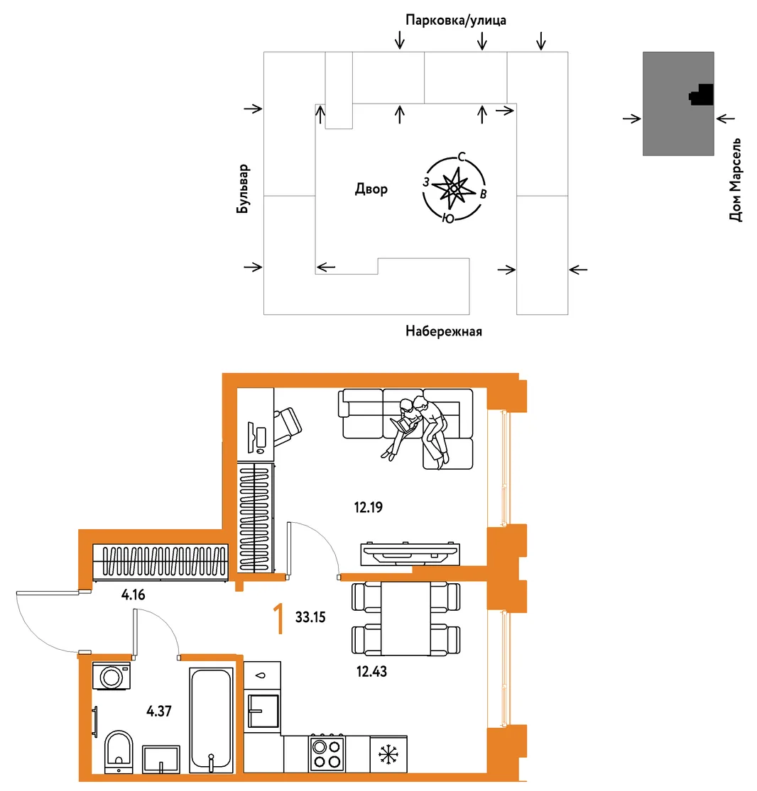 Планировка 1-комн. квартира, 33.15 м² ЖК «Европейский берег 2.0»