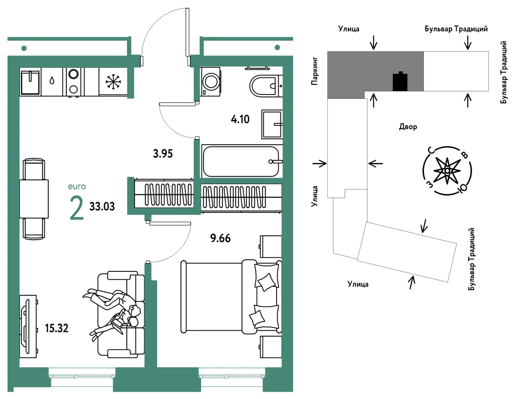 Планировка 2-комн. квартира, 33.03 м² ЖК «Микрорайон Домашний»