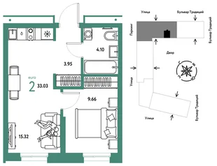 Планировка 2-комн. квартира, 33.03 м² ЖК «Микрорайон Домашний»