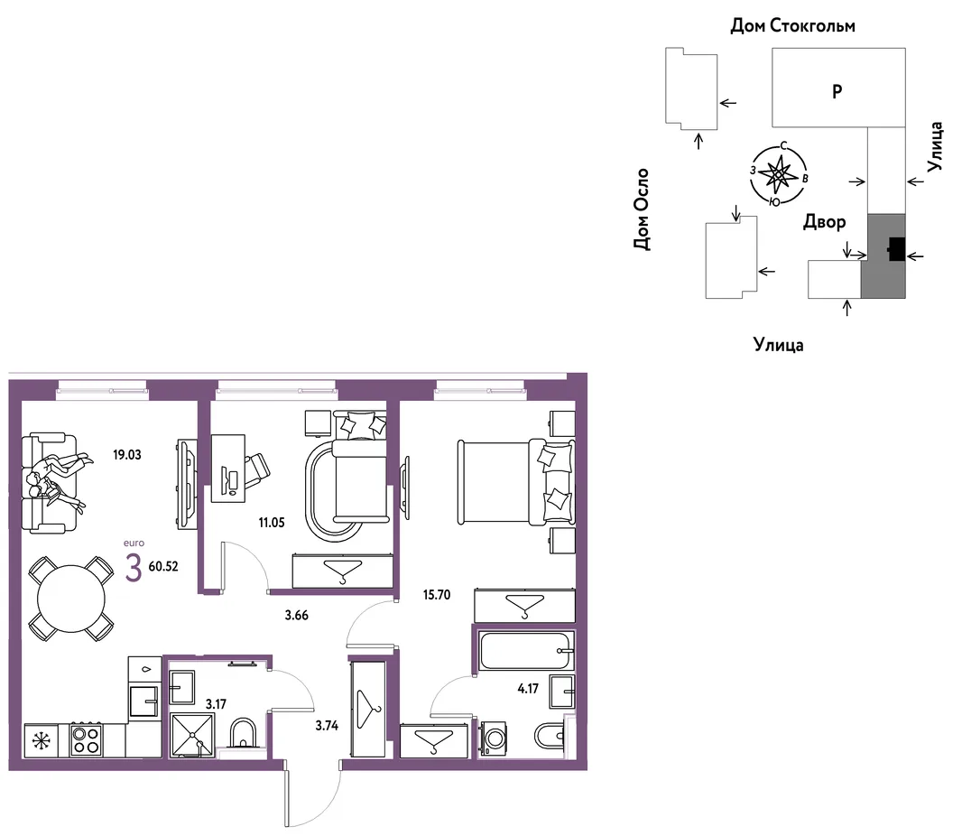 Планировка 3-комн. квартира, 60.52 м² ЖК «Европейский берег 2.0»