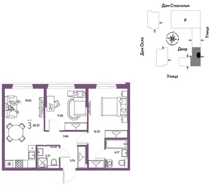Планировка 3-комн. квартира, 60.52 м² ЖК «Европейский берег 2.0»