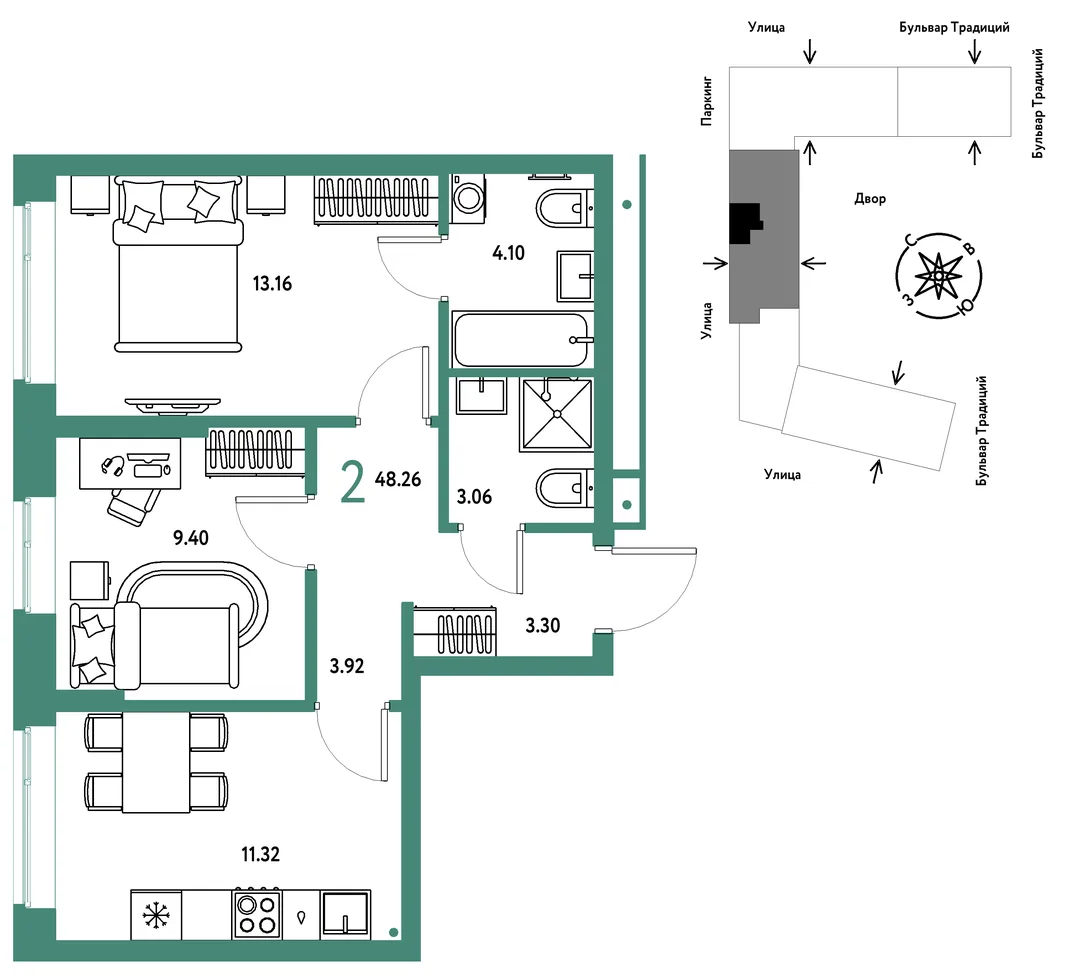 Планировка 2-комн. квартира, 48.26 м² ЖК «Микрорайон Домашний»