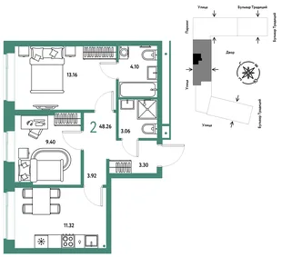 Планировка 2-комн. квартира, 48.26 м² ЖК «Микрорайон Домашний»