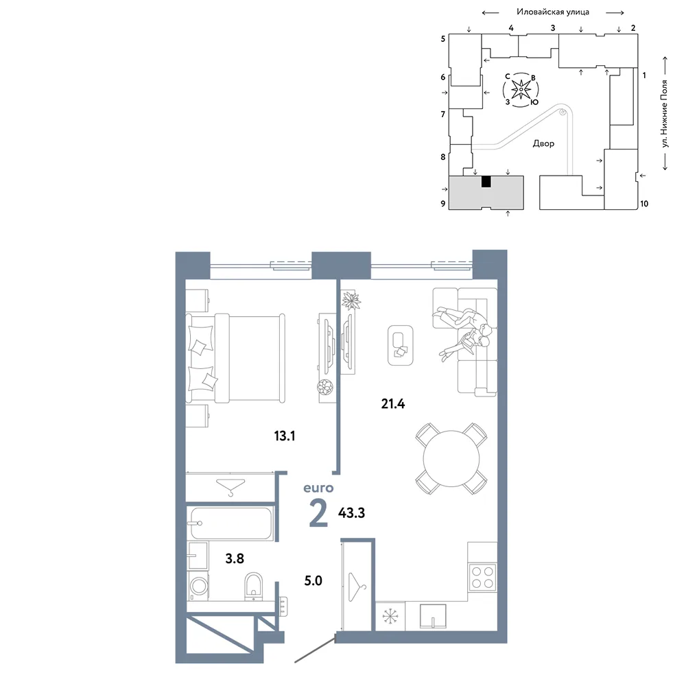 Планировка 2-комн. квартира, 43.3 м² ЖК «Страна.Заречная»