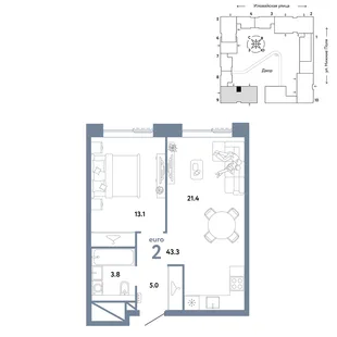 Планировка 2-комн. квартира, 43.3 м² ЖК «Страна.Заречная»