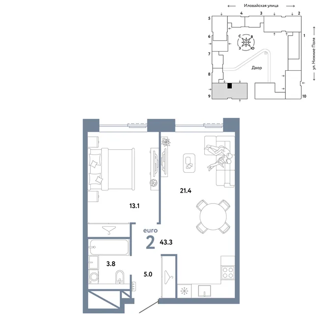 Планировка 2-комн. квартира, 43.3 м² ЖК «Страна.Заречная» Планировка 2-комн. квартира, 43.3 м² ЖК «Страна.Заречная»