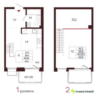 Планировка 1-комн. квартира, 40.8 м² ЖК «Лисино»