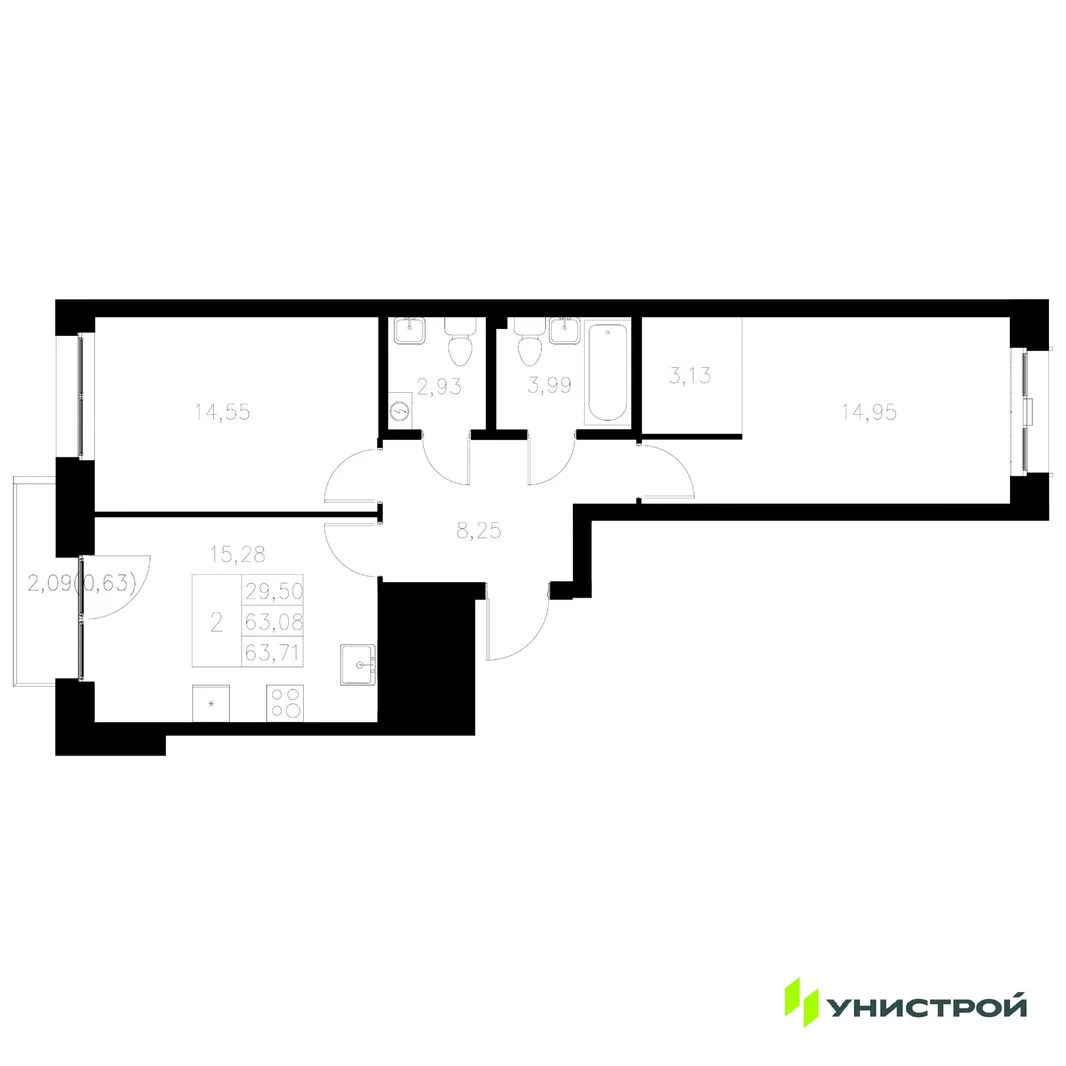 Планировка 2-комн. квартира, 63.71 м² ЖК «Statum»