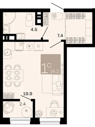 Планировка Студия, 34.2 м² ЖК «Хозяин морей»